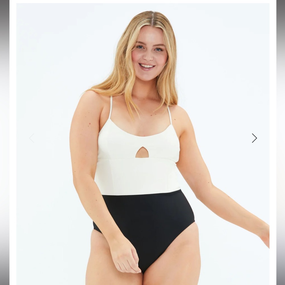 Summersalt swan dive one piece bathing suit. Black and white.